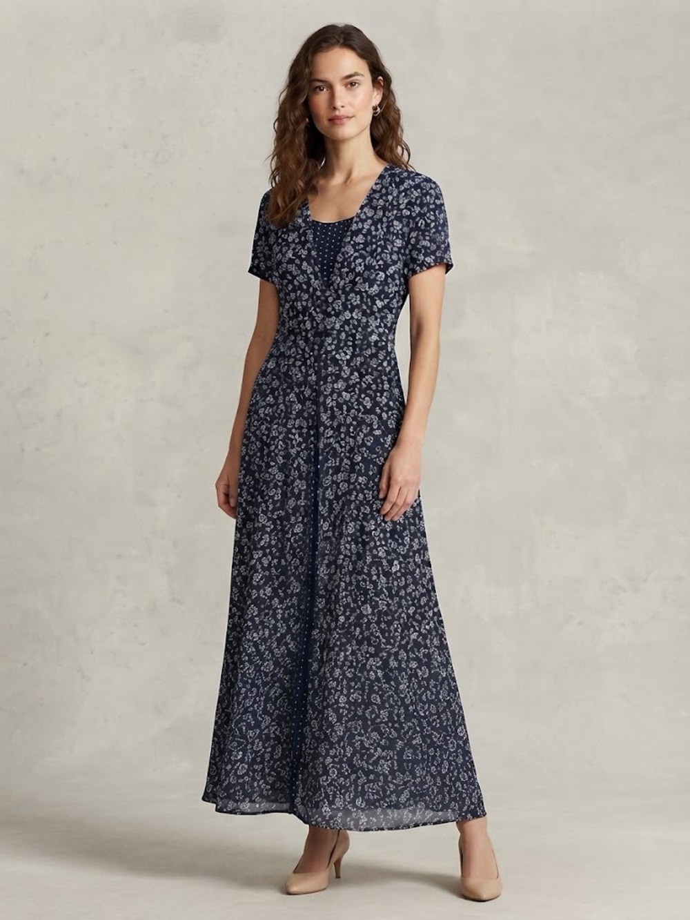 Vintage Erika Navy Floral Short Sleeve Maxi Dress with polka dot insert